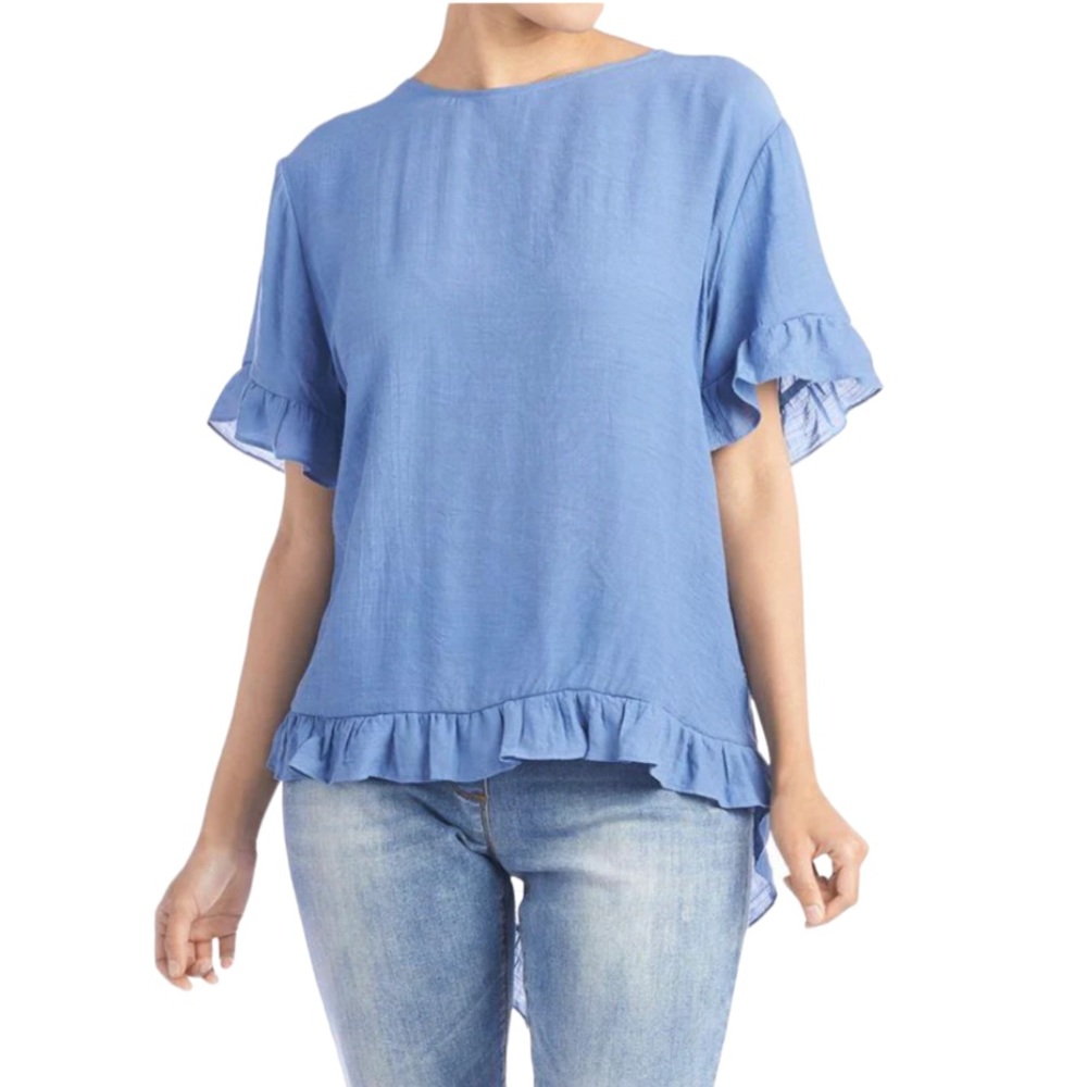 Coco + Carmen top tunic button back ruffle trim scoop neck M